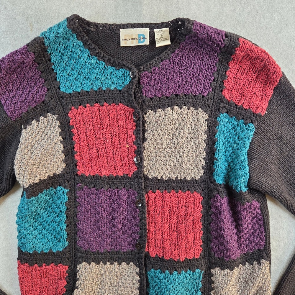 Paul Harris Design Cardigan Women Medium Black Patchwork Knit Ramie Sweater